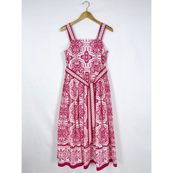 Talbots Women's Printed Tie Waist Midi Dress Size 6 Petite Pink Medallion - Picture 2 of 16
